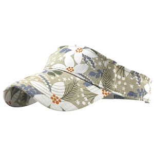 Detail view of ethnic floral sun visor with white flowers and green leaves pattern