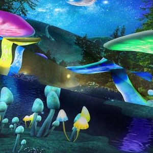 Detail of magical glowing mushroom forest and starry night sky on bohemian tapestry