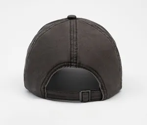 Detail of washed cotton baseball cap with adjustable metal buckle on back strap