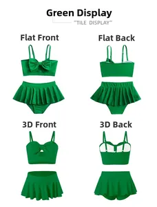 Two-piece lime green girls swimwear with large bow top and ruffled skirt detail