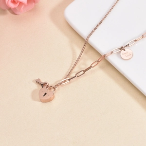 Heart Lock Pendant Necklace Stainless Steel Paperclip Chain Asymmetric Key Good Luck Round Tag Clavicle Chain For Women