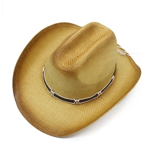 Gradient Western cowboy straw hat with wide brim and decorative leather band for sun protection