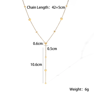 Detailed specs for gold stainless steel Y-necklace showing length, pendant size, and weight
