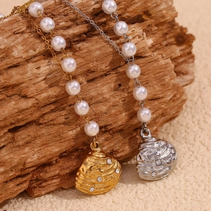 Stainless Steel Shell Conch Pendant Necklace With Faux Artificial Pearl Rhinestone Starfish Charm Vintage Jewelry For Women