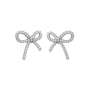 Silver bow stud earrings with sparkling pave-set cubic zirconia for women's elegant style