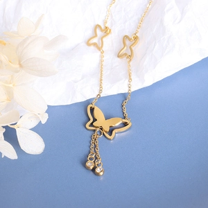 French Style Titanium Steel 18K Gold Plated Butterfly Tassel Pendant Anklet For Women Simple Personalized Zirconia Foot Jewelry