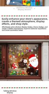 Detailed Christmas window stickers featuring Santa Claus, reindeer, and festive train icons