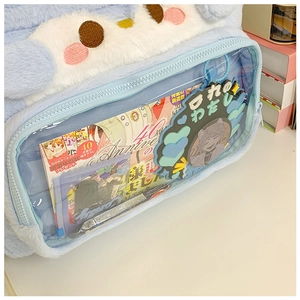 Close-up of plush anime shoulder bag with clear PVC window for display inserts