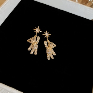 Golden bear drop earrings with micro-inlaid zircon and sparkling star accents