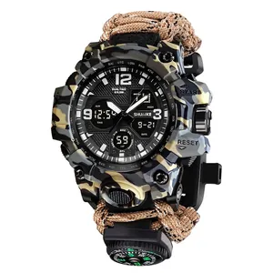 Tactical dual display outdoor watch with camo casing, paracord strap and integrated compass