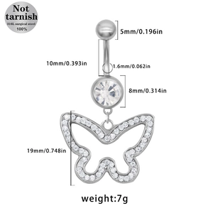 Detailed dimensions of a stainless steel butterfly belly ring with sparkling crystals