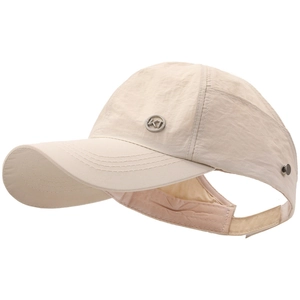 Beige quick-dry open-top baseball sun hat with KT metal logo and adjustable velcro strap