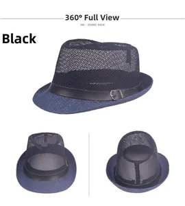 Detail of men's summer mesh jazz hat with breathable crown and leather decorative belt