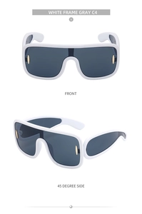 Detailed front and 45-degree side views of white oversized sunglasses with gray lenses