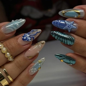 Ocean Theme Press On Nails Blue Gradient 3D Starfish Shell Artificial Pearl Decoration Almond Stiletto False Nail Tips For Women