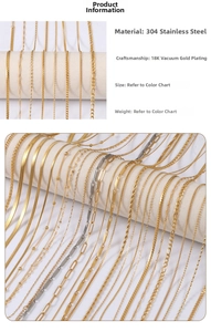 Macro view of 18K gold plated 304 stainless steel necklaces in various chain link styles