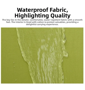 Macro shot of lime green waterproof fabric with water droplets and padded interior