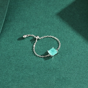 Adjustable S925 silver chain ring featuring a square blue Paraiba tourmaline gemstone