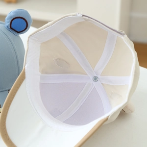 Detail view of cotton baseball cap interior with white support ribs and bear ears