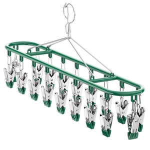 Green stainless steel multi-clip laundry rack for socks and underwear with windproof hook