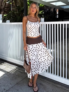 Women Polka Dot Camisole Crop Top And High Waist Maxi Skirt Polyester Elastane Ruched Contrast Waist Summer Vacation Fashion