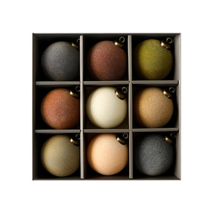 Set of 9 velvet 8cm Christmas balls in earth tones with vintage bronze metal hooks