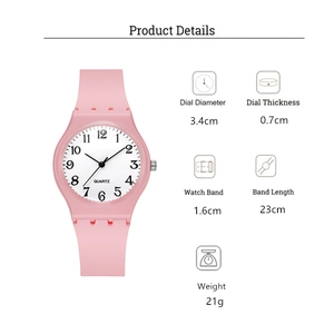 Detailed dimension guide for pink quartz watch showing 34mm dial diameter and 7mm thickness
