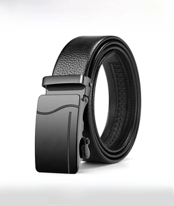 Detail of men's black business belt featuring lychee grain leather and an automatic buckle