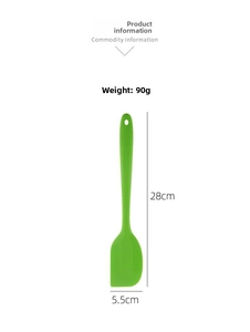 Detailed size specifications for a green silicone spatula showing 28cm length and 5.5cm width