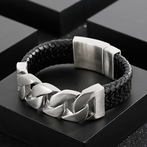 Men's wide Cuban chain bracelet in silver stainless steel and black braided leather