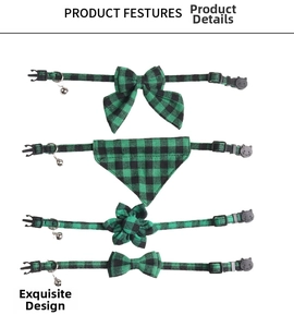 Detailed set of green plaid cat collars with bowties, flower charm, and bell accessories