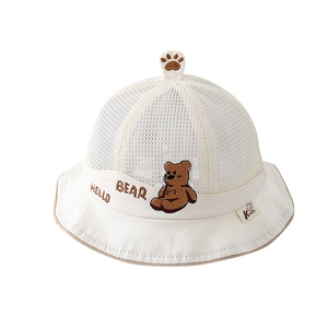 Breathable cream summer sun hat for babies featuring a cute bear embroidery and mesh panel