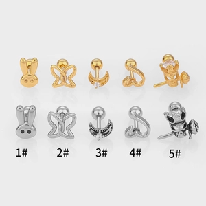 Surgical 316L steel cartilage studs set with rabbit, moon and star designs in gold and silver