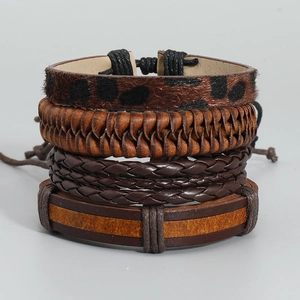 Set of 4 handmade braided leather bracelets with leopard print and adjustable drawstrings