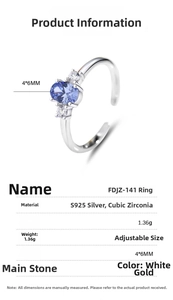 Detail specifications of s925 silver ring with 4x6mm blue zircon and adjustable band