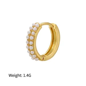 18k gold plated brass hoop earrings with triple row white pearls 15mm by 17mm