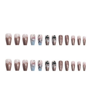24pcs Long ballerina press-on nails with floral bow designs and rose gold glitter
