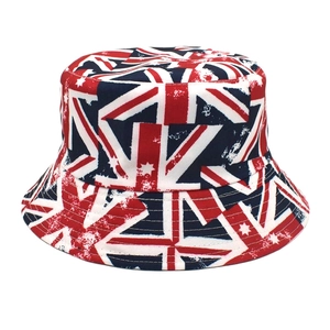 Detailed view of the UK Union Jack flag print on a double-sided bucket hat for men and women