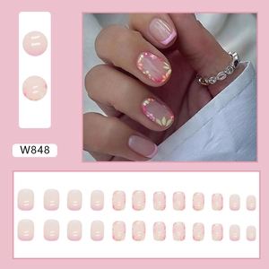 Pink gradient press-on nails with floral patterns model W848 full 24-piece set