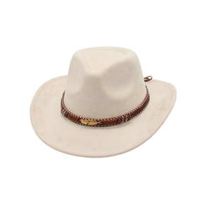 Elegant beige faux suede cowboy hat featuring an ethnic beaded band and golden feather