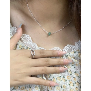 Minimalist S925 silver necklace with green jade bead and horseshoe ring jewelry set