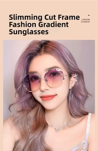 Détail de verres dégradés violets sans monture avec bords géométriques sur des lunettes