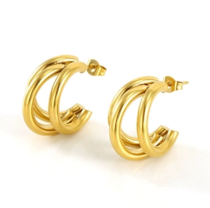 Detail of 18K gold plated triple hoop earrings with brushed matte finish on stainless steel