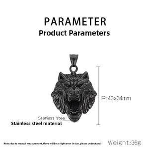 Detailed view of punk style stainless steel wolf head pendant showing 43x34mm dimensions