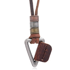 Detail of vintage anchor necklace showing brown leather tag and triangle metal ring