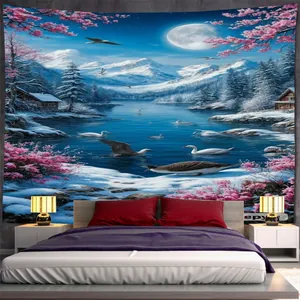 Detailed bedroom wall tapestry showing a winter lake with swans and snowy mountains scene