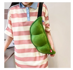 Detail of cute green pea pod plush crossbody bag with soft fabric and adjustable strap