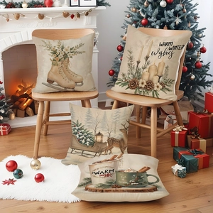 Set of 4 Christmas linen pillow covers with reindeer and candle prints for home decor