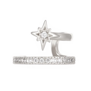 Detailed close-up of a silver ear cuff with an octagonal star and micro-pave zircons
