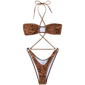 Halter neck one-piece swimsuit with snakeskin print, cut-out design and metal ring details